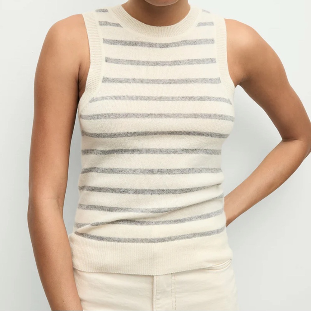 Veronica Beard Jerrel Striped Crew Sleeveless Cashmere Tank Ivory & Heather Grey